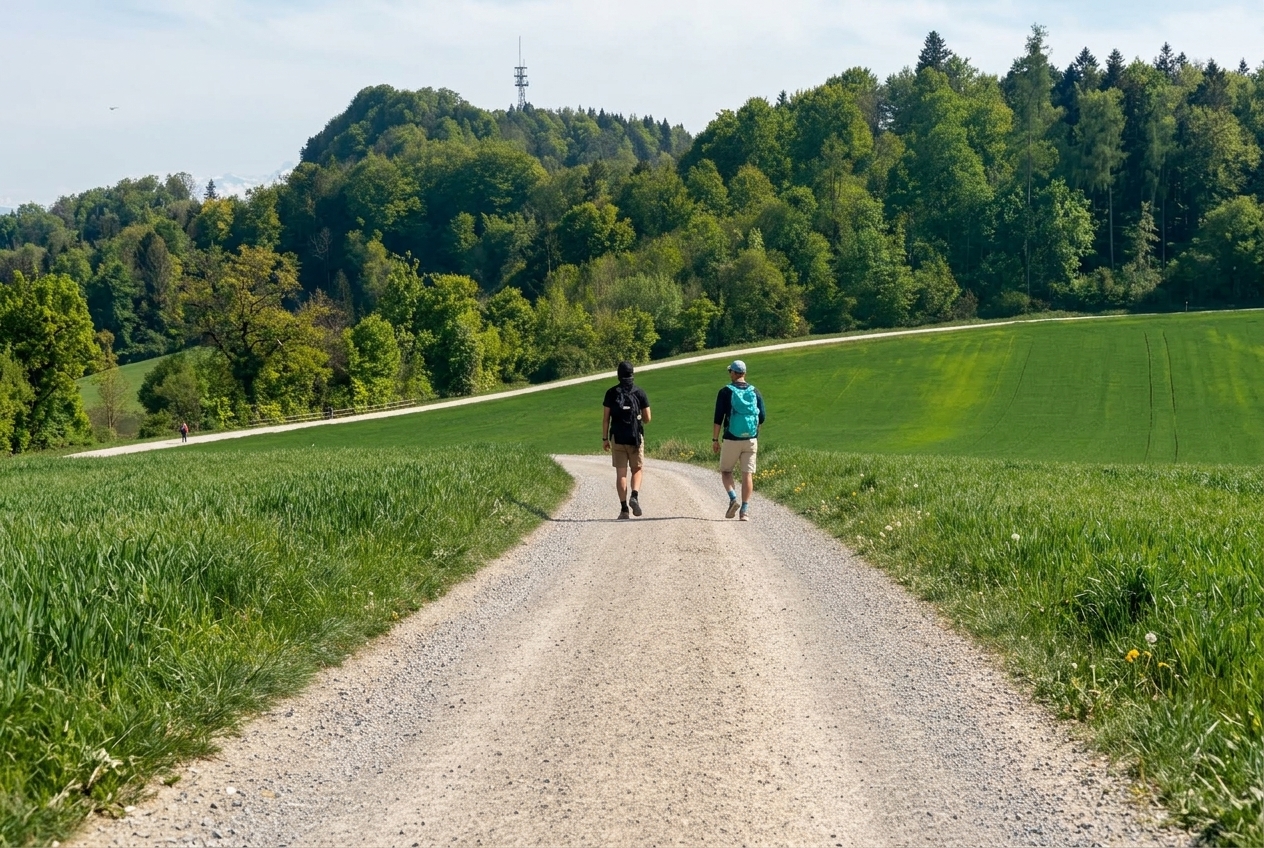 Zwei Personen auf einem Schotterweg durch grüne Felder und Wälder